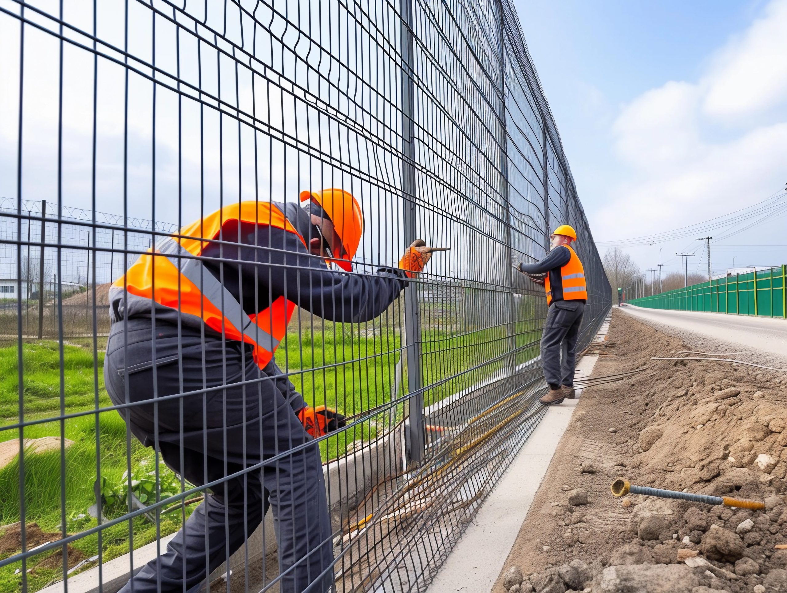 Two workers in high visibility vests install a metal fence along a roadside.